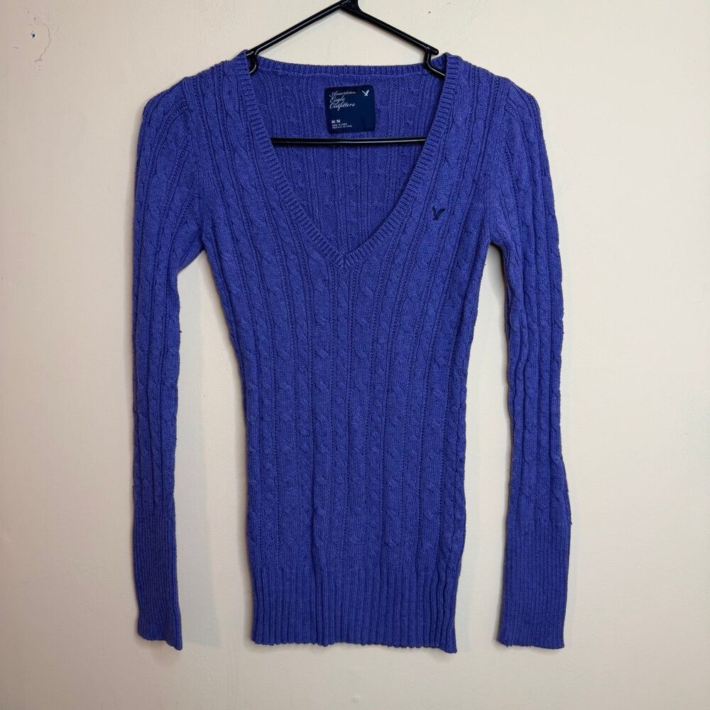 Vintage American Eagle Sweater Womens Med purple Cable Knit V Neck Preppy Y2K